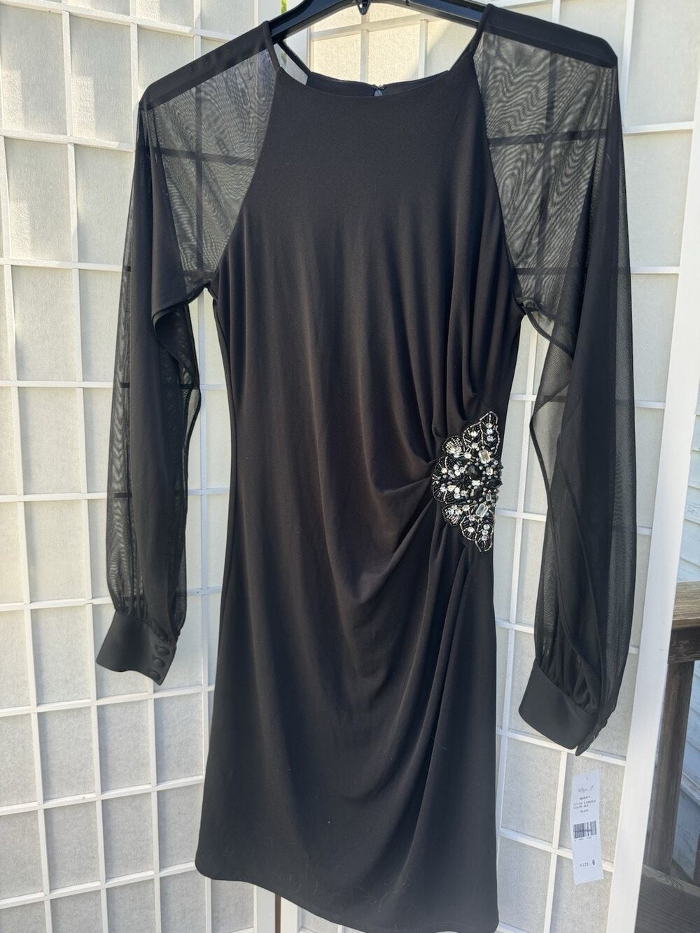 Eliza J Black Sheer Mesh Long Sleeve Embellished Ruched Cocktail Dress Size 6